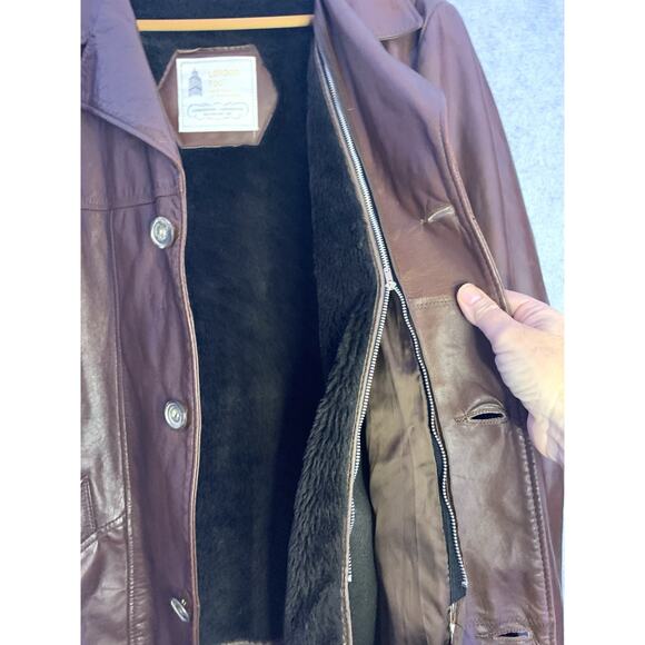 VTG London Fog Brown Leather Coat Men’s 42 Reg Zip Out Faux Fur Liner, Long Coat - Picture 9 of 13
